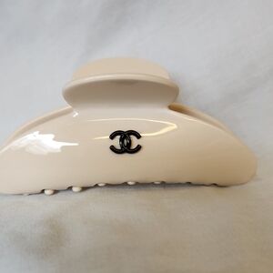 CHANEL Ivory Hair Clip with Black Logo